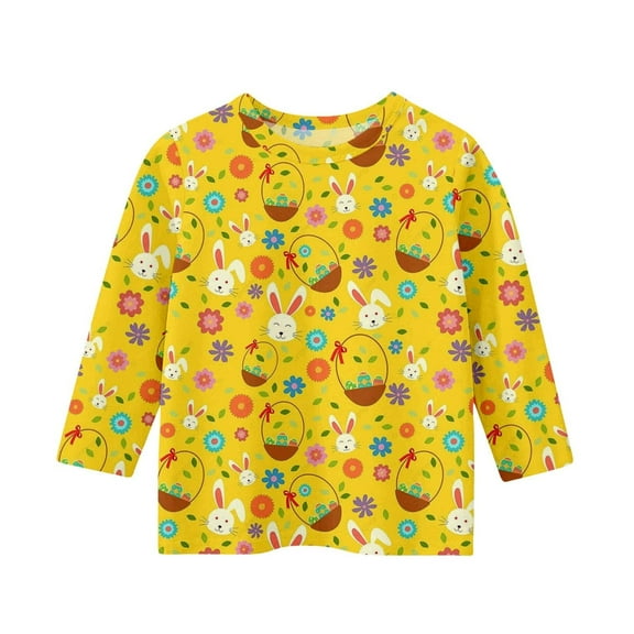 LNMQLPDBS Easter Shirt Cartoon Eggs Print T Shirt Holiday Funny Bunny Tops Graphic Tee 3/4 Sleeve Blouse Toddler Girl Clothes Yellow 4-5 Years