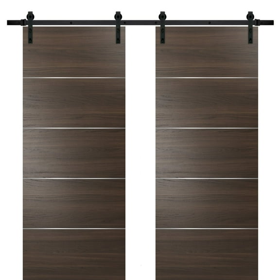 Sliding Double Barn Doors with Hardware | Planum 0020 Chocolate Ash | 13FT Rail Hangers Sturdy Set | Modern Solid Panel Interior Hall Bedroom Bathroom Door-36" x 96" (2* 18x96)-Black Rail