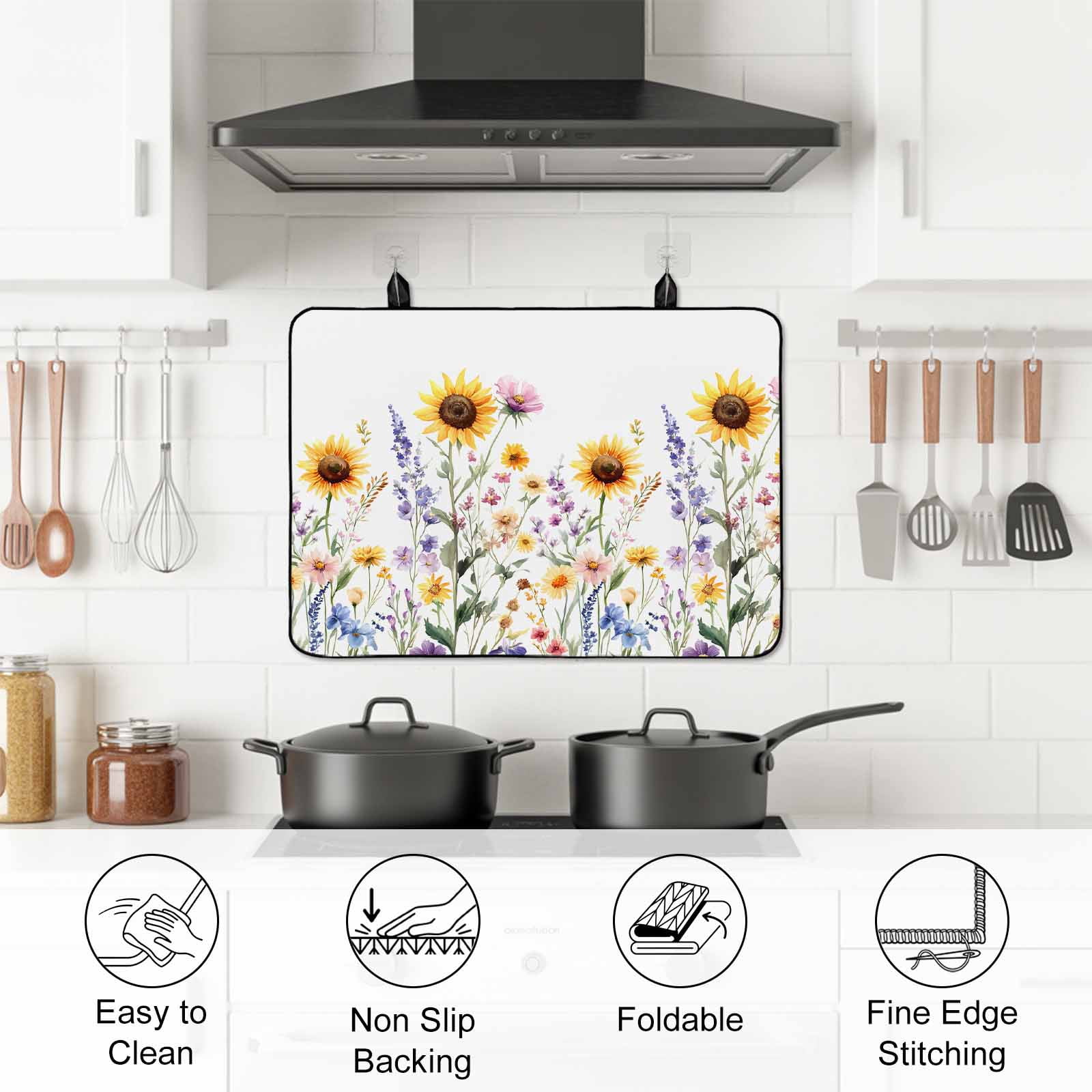 Sunflower Stove Top Cover for Electric Stove, Heat-proof & Non Slip Glass Top Stove Cover Protector, Spring Floral Summer Botanical Pastoral Kitchen Flat Cooktop Rubber Mat 28.5x20.5 Inches
