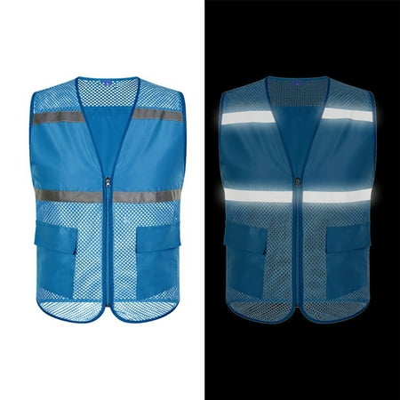 

ALSLIAO Mens Multi-Pocket Mesh Vest Jacket Visibility Waistcoat Safety Work Reflective Blue XL