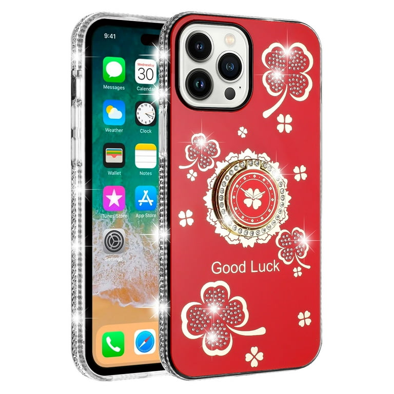 For Apple iPhone 12 /12 Pro Diamonds Bling All Around Edges Sparkly Glitter Hybrid with Ring Stand Fashion Good Luck Cover ,Xpm Phone Case [ Red ]