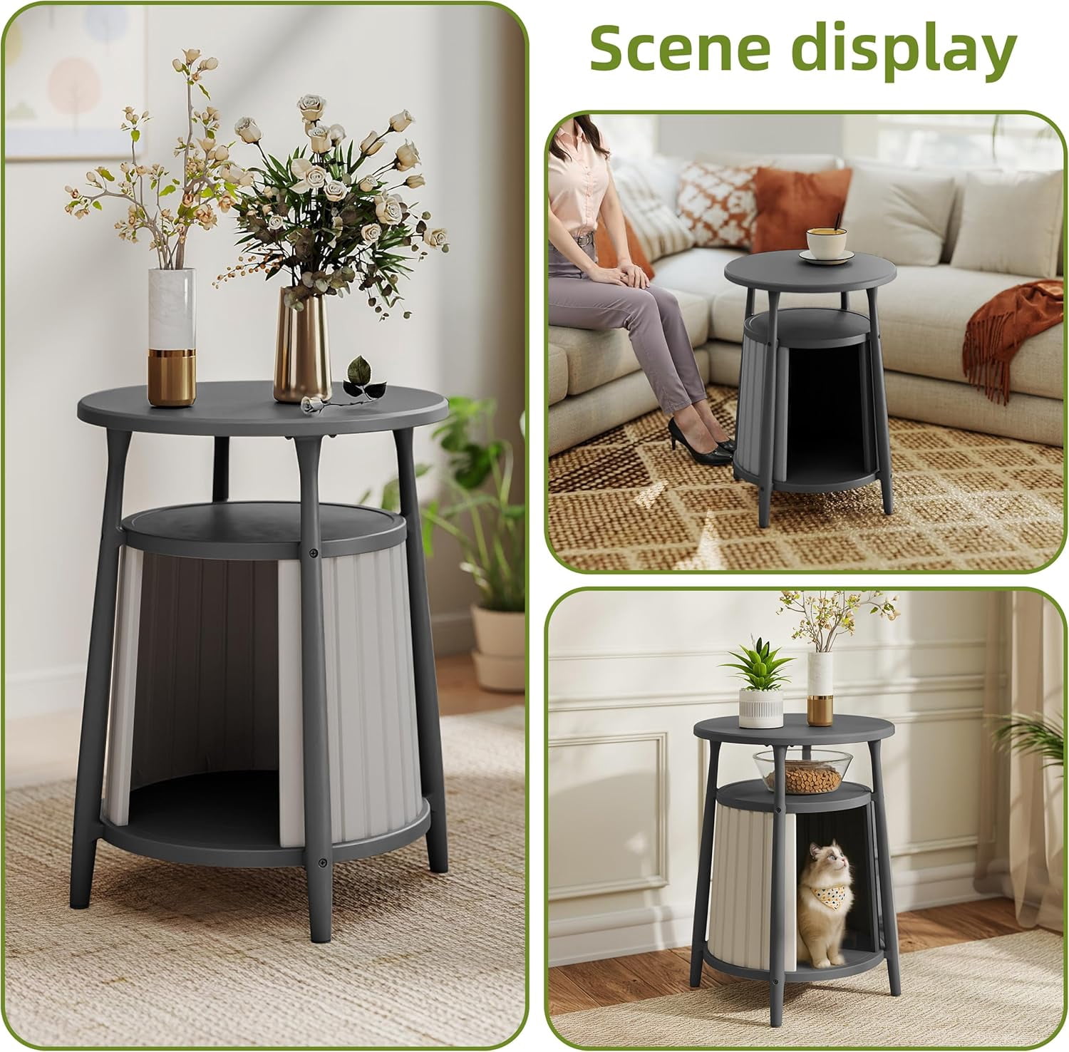 Joxxoaa 2-in-1 Cat House End Table, Weatherproof Resin Pet Bed Nightstand for Small Spaces, Easy Assembly, Black/Gray，Father's Day Gift
