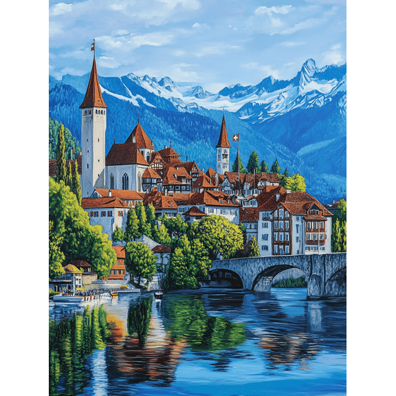 Swiss Village Landscape Canvas Painting，Suitable for Living Room，Bedroom，Office，Hotel，Restaurant Decoration