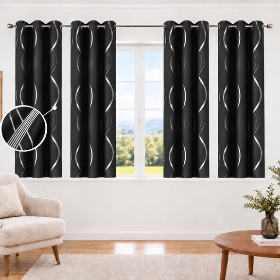 100% Blackout Curtains Silver Waves Lines Grommet Thermal Insulated Curtains for Living Room Bedroom Patio Door,Black,W37 x L54 inch (4 Panels)