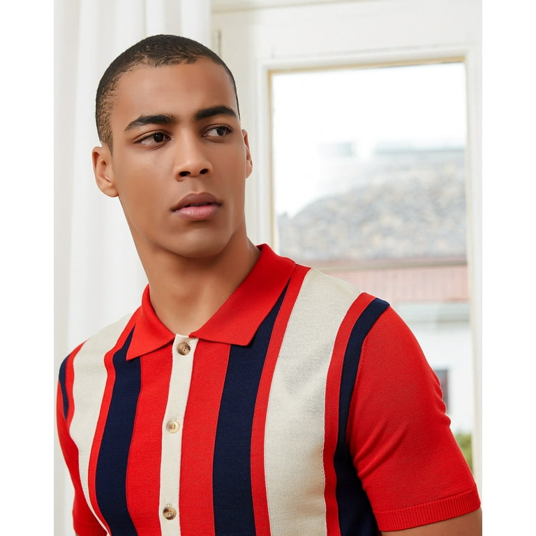Kallspin Men's Vintage Knit Polo Shirt Short Sleeve Striped Button