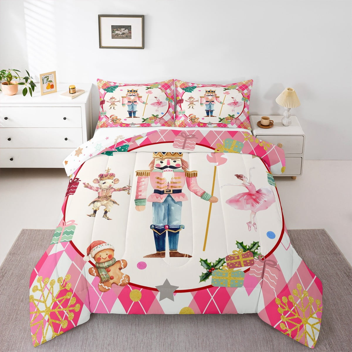 Castle Fairy Xmas Nutcracker 3 Pieces Queen Comforter Set Geometric Plaid Ultra Soft Bedding Sets Dance Ballet Bedding Comforter Set Ultra Soft Merry Christmas Home Decor Reversible