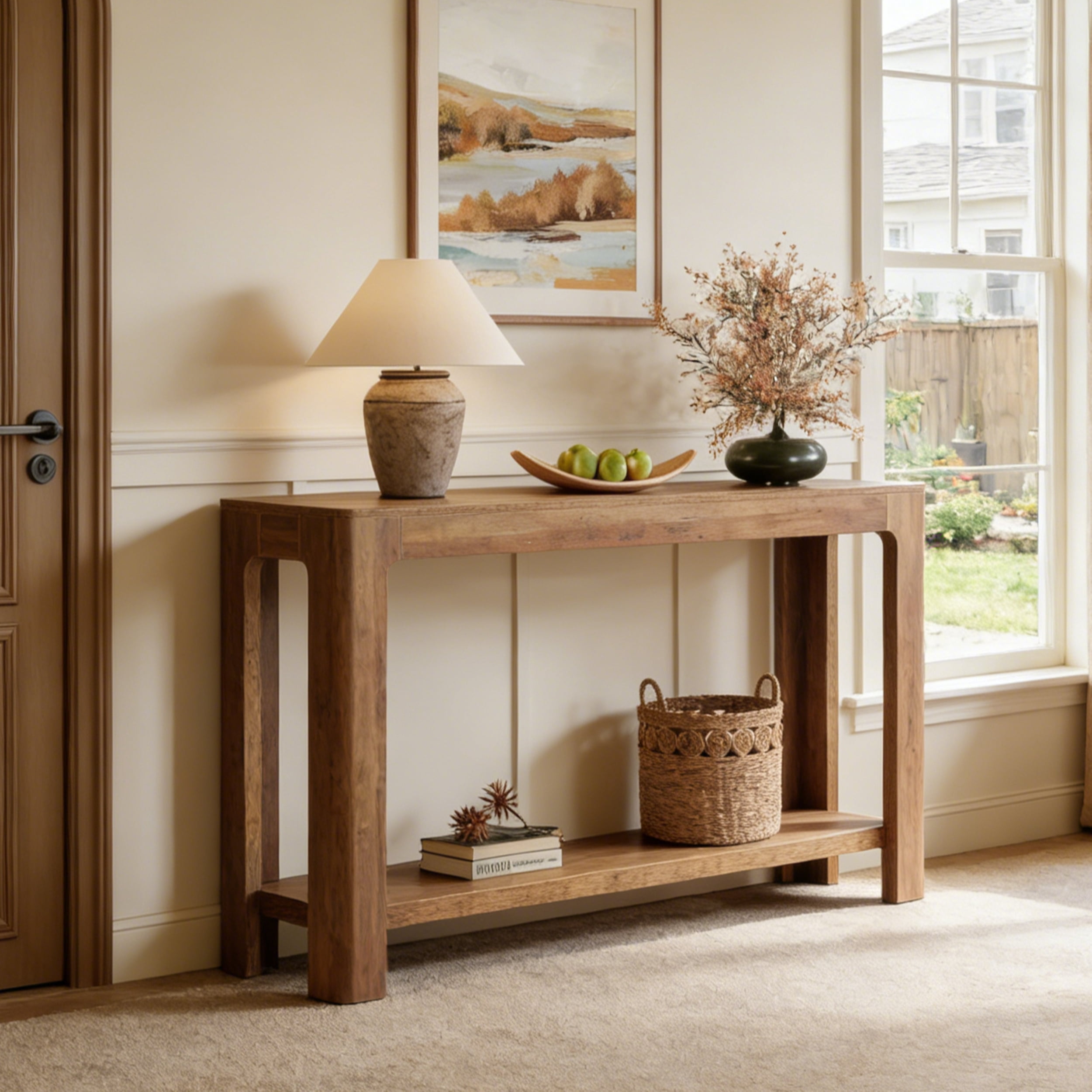 Fnova 63" Farmhouse Console Table, 2-Tier Wood Entryway Table with Storage Shelf, Narrow Sofa Table for Living Room, Hallway, Foyer