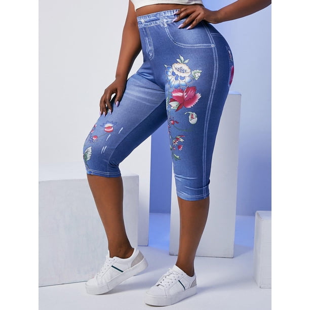 Talla grande WIDFLOWER 3D JEAN IMPRESIÓN METGUMINGS CRESTPED Rosegal Leggings de talla grande
