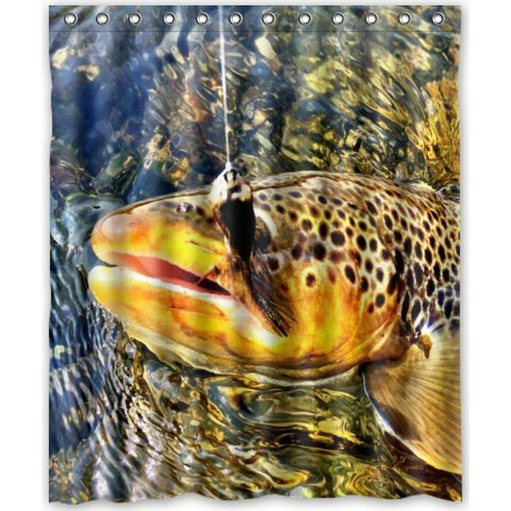 GreenDecor Brook Trout Fly Fishing Waterproof Shower Curtain Set with