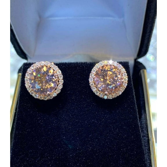 Fashion 3Ct Brilliant Round Cut Lab Created Morganite Diamond Halo Stud Earrings 14K Rose Gold Plated Silver