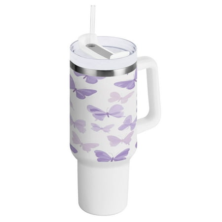 

40 Oz Car Handle Water Bottle 10.8x3.85 Inch Handle And Straw Travel Water Bottle Reusable Stainless Steel Water Bottle Pretty Purple Butterfly Seamless