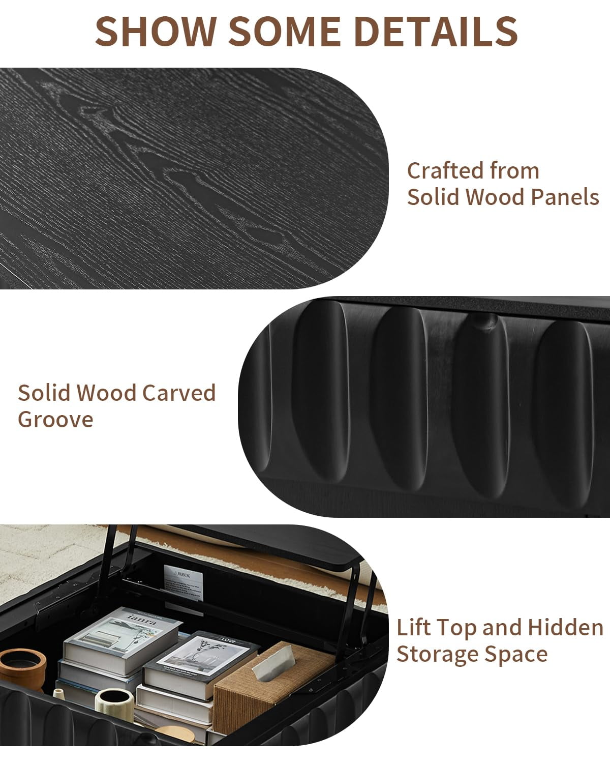 Lift Top Coffee Table with Hidden Storage, 31 inch Solid Wood Fluted Design for Small Space Living Room, Black