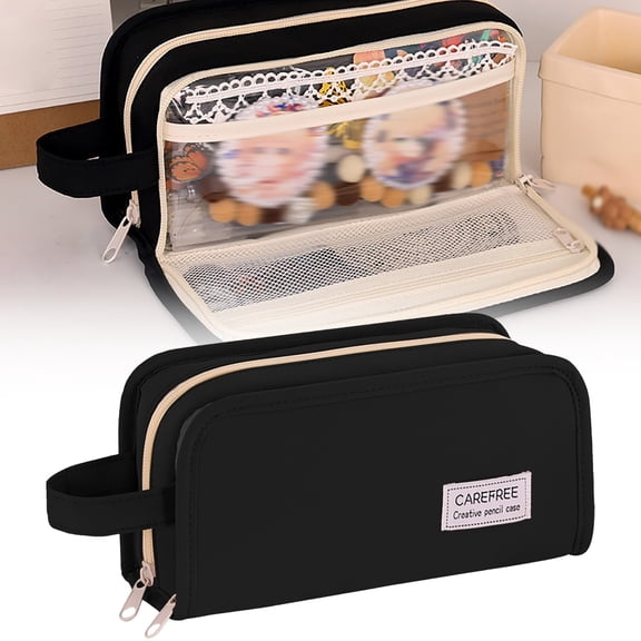 Haidf Stylish Large Capacity Pencil Case, Aesthetic Zipper Pencil Pouch with Compartments and Handle, Soft Pencil Bag for Stationery Cosmetics Storage, Portable Makeup Bag, Classroom Supplies, Black