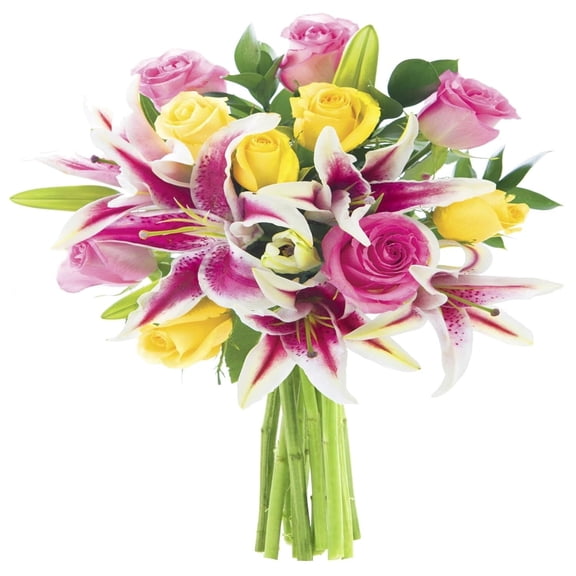 KaBloom : 5 Pink, 5 Yellow Roses, 3 Stargazer Lilies, 3 Greens,, Next-Day Delivery.