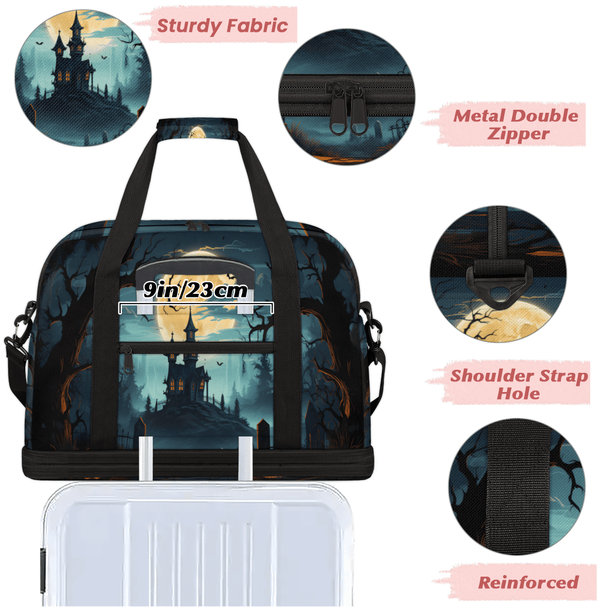 Herdesigns Halloween Foldable Travel Duffle Bag for Women and Men Lightweight Carry On Overnight Bag Halloween Castle Gym Luggage Weekender Bags with Shoe Compartment