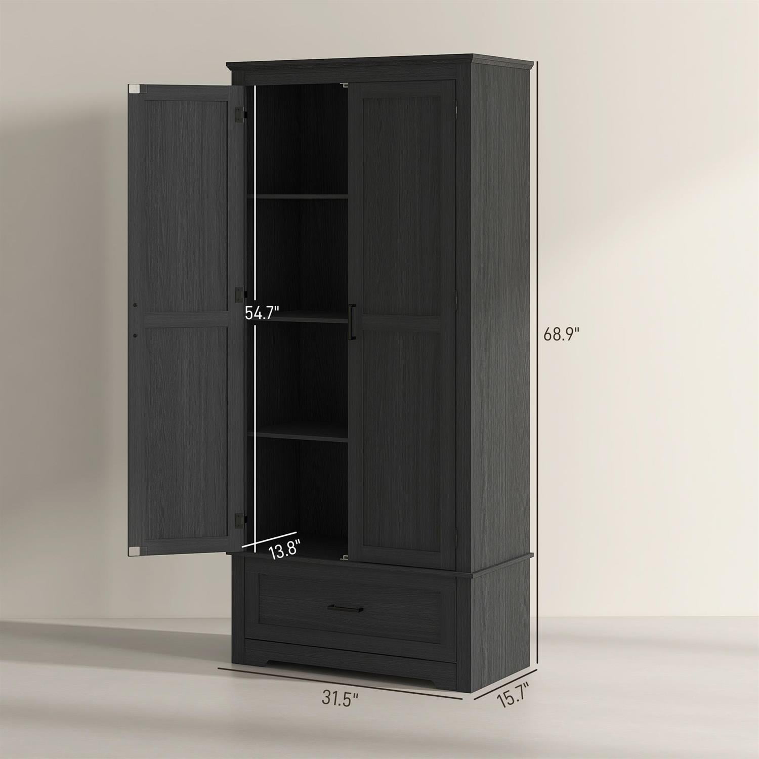 Demi Bonn 69" Tall Kitchen Pantry Cabinet with 2 Doors, Drawer & Adjustable Shelves - for Dining Room Storage, Strong & Durable Wood Construction, Black