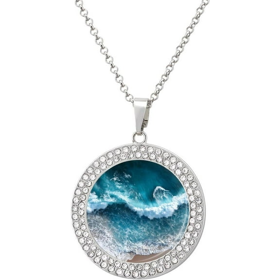 Blue Ocean Premium Summer Beach Waves Funny Necklace with Printed Pendant Novelty Diamond Jewelry for Women Men Silver Gold[c092]