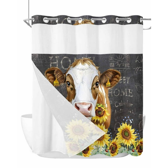 No Hook Cloth Fabric Shower Curtain with Snap in Liner, Farmhouse Cow Waterproof Shower Curtains Set with See Through Top Window, Vintage Country Sunflower Botanical Black Bath Curtains 72"x78"