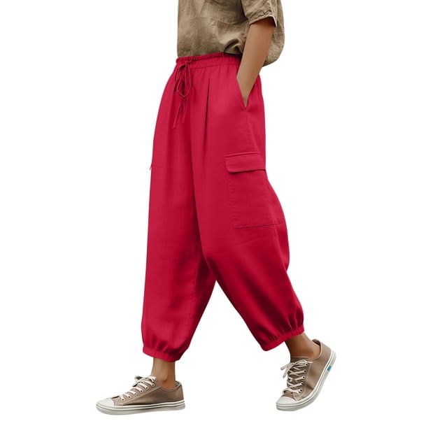 Pantalones de Lino Mujeres Color Sólido Cintura Elástica Pantalones de Ropa de Trabajo Casual Longitud Del Tobillo Verano