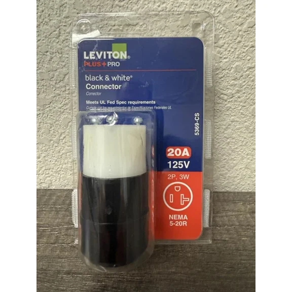 Leviton Plus  Pro 20 Amp 125V Straight Blade Connector | Black & White 5369-Cs