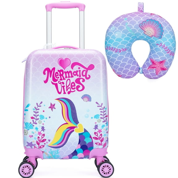 Cute Mermaid Kids Carry on Luggage Sets 2 Piece with Travel Pillow Hardshell Pink Suitcases with Wheels for Girls Toddler Travel Essential Gift