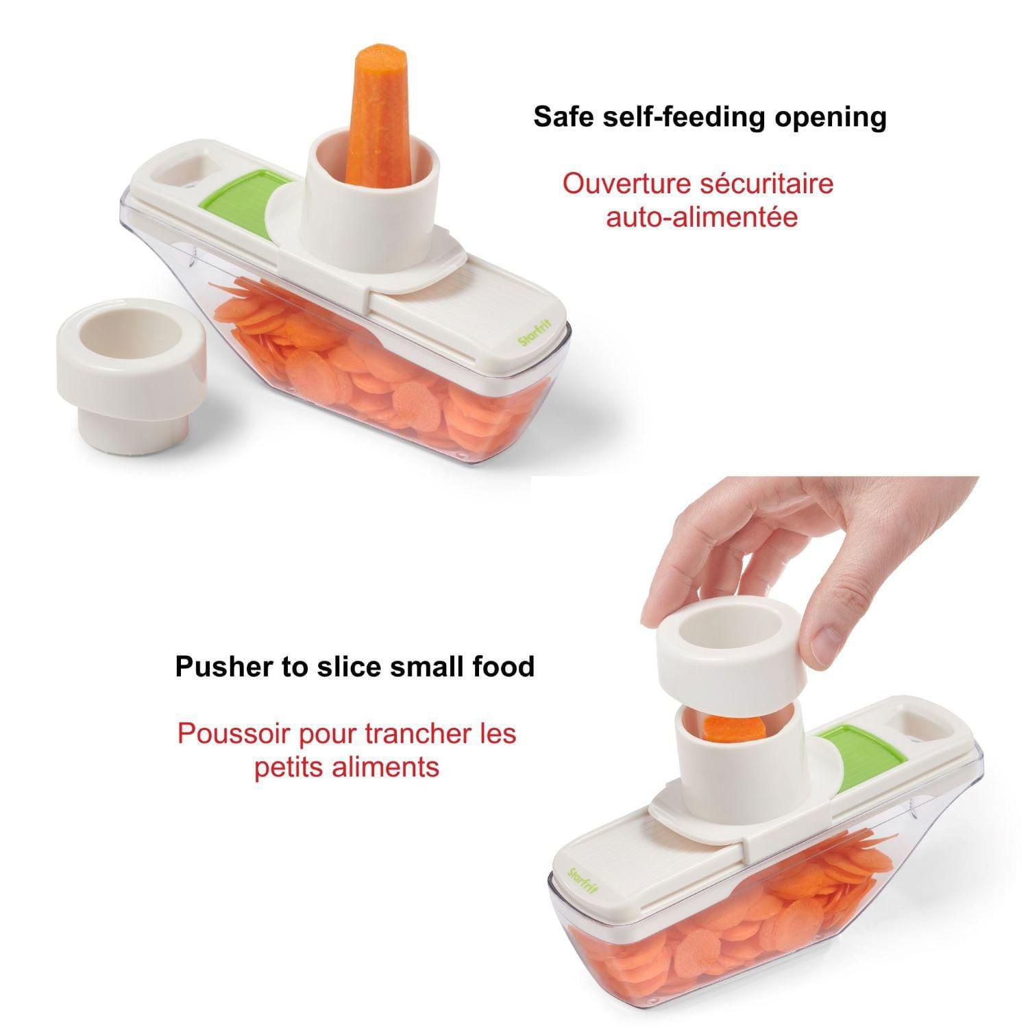 Starfrit Precision Slicer - Compact Mandoline - Perfect for Garlic & Ginger - 2 Thicknesses - Self Feeding Pusher - Food Container