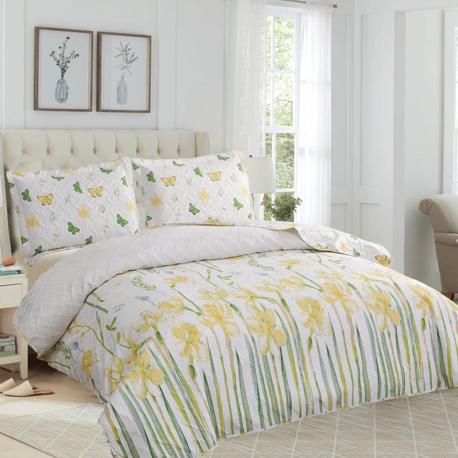 Green Essen 3 Pcs Yellow Floral Lilac Quilts King Green Leaves Microfiber Bedspread