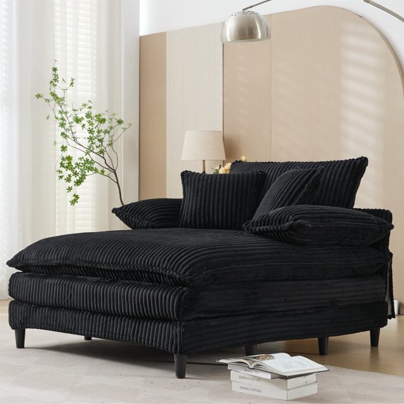 Aukfa Oversized Chaise Lounge Adjustable Backrest Sofa Chair Bed, Dual Layer Cushions, 3Pillows, Black