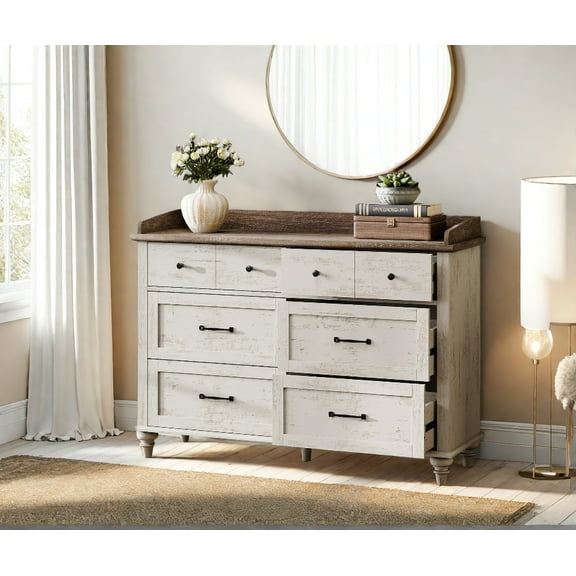 47" Double Dresser with 6 Drawers, Wood Chest of Drawers for Bedroom, Storage Organizer Dresser for Kids, Antique White