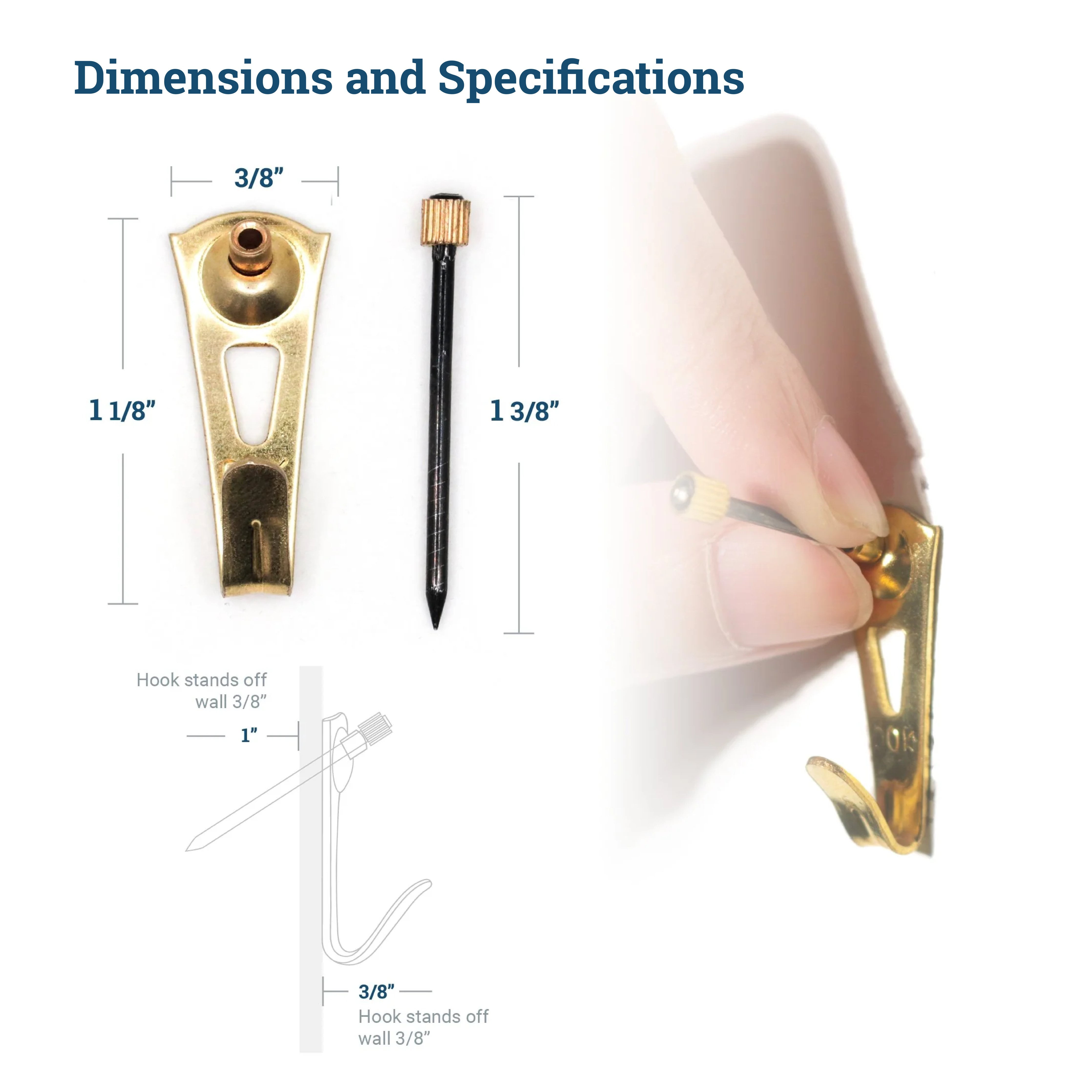 Picture Hang Solutions Brass Picture Hook with Nails 30-lb Capacity 100 Pieces per Pack