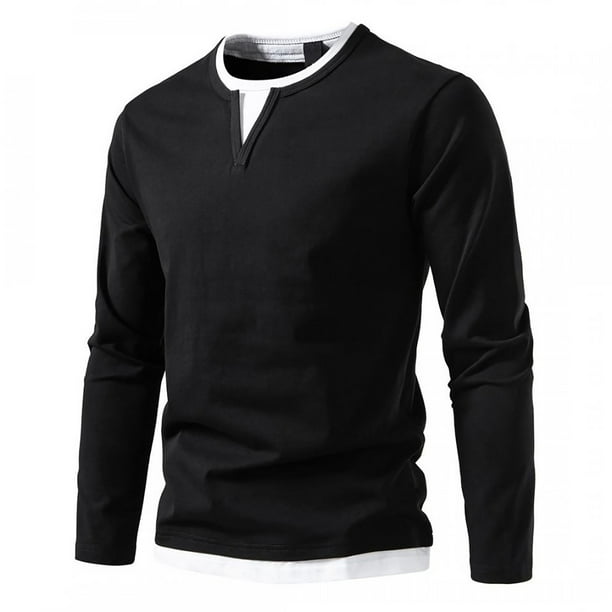 Camiseta de manga larga con cuello en V para hombre: dobladillo irregular, puños con costuras, prenda informal de otoño/invierno, solo lavado a mano, tallas S-XXL con datos de contorno de pecho/hom