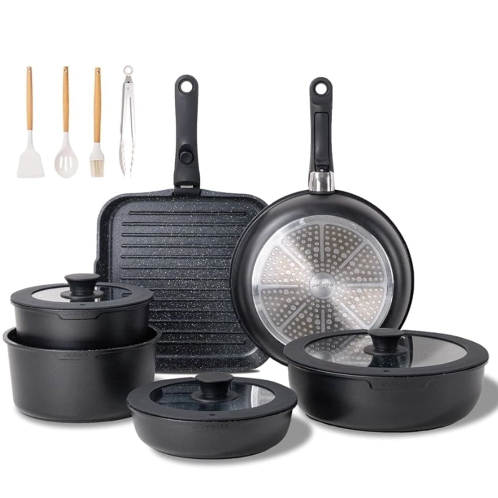 Aeternum Stone In Black, Battery Pots And Lids, Set Of 5 Pieces, Non Stick Steel, 2 Pans, 1 Casserole, 1 Pan, 1 Lid, Suitable For Induction, Stone Line In Black, Black