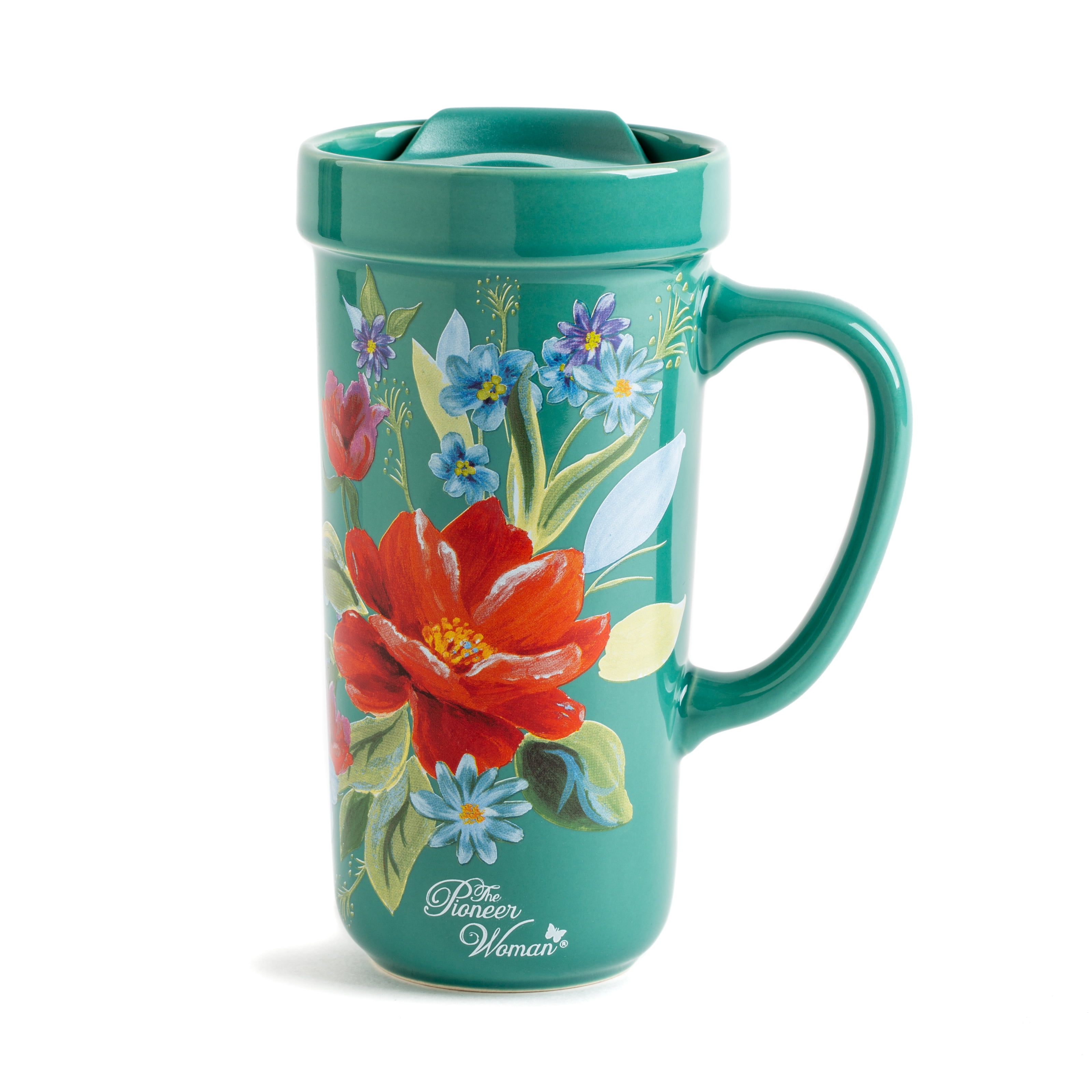 The Pioneer Woman Ceramic  Teal Floral Mug  with Lid  