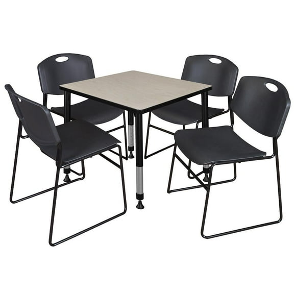 Regency Kee 30" Square Height Adjustable Classroom Table - Maple & 4 Zeng Stack Chairs- Black