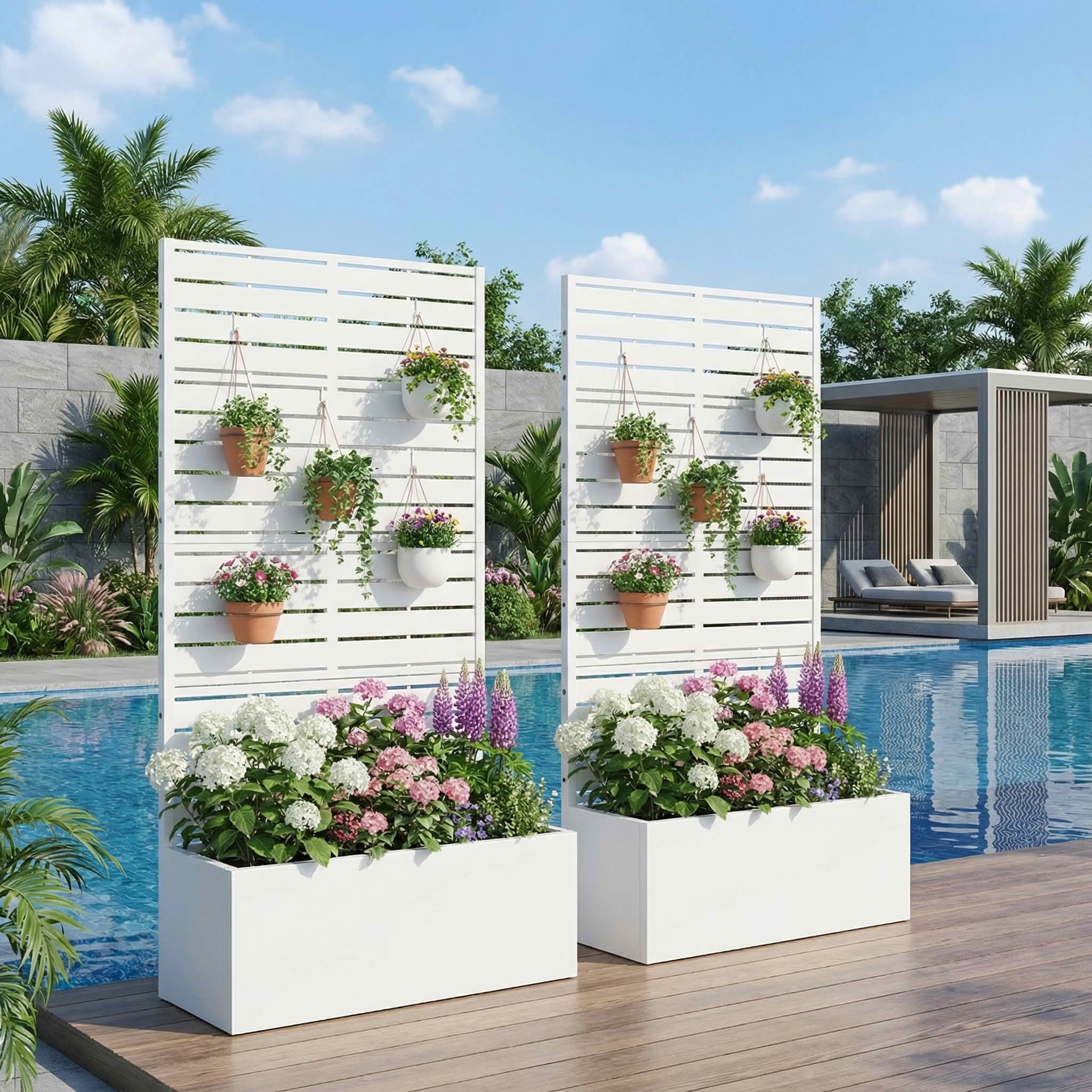 MAYEERTY 59x30 White Double-sided Rectangular Iron Planter Box with Trellis, 4 Piece Set Decorative Garden Screen for Patio and Balcony