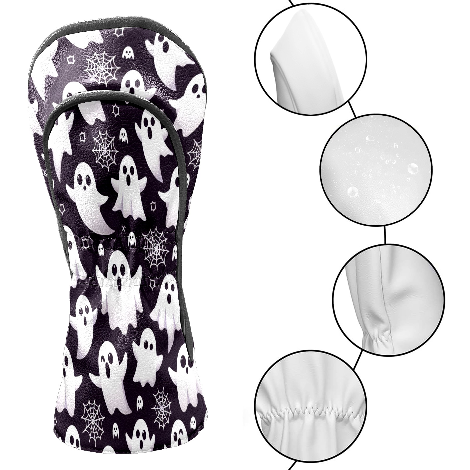 Golf Club Covers, Purple Ghost Snow Premium PU Leather Driver Hybrid Putter Head Covers with Velvet Lining, Waterproof Golf Gifts for Men Women