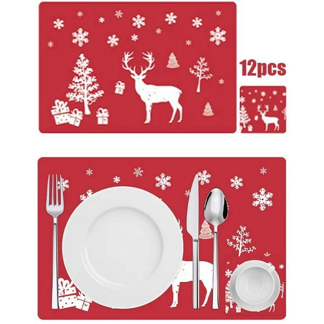 12 manteles individuales navideños: manteles de PVC rojos para decoración de comedor