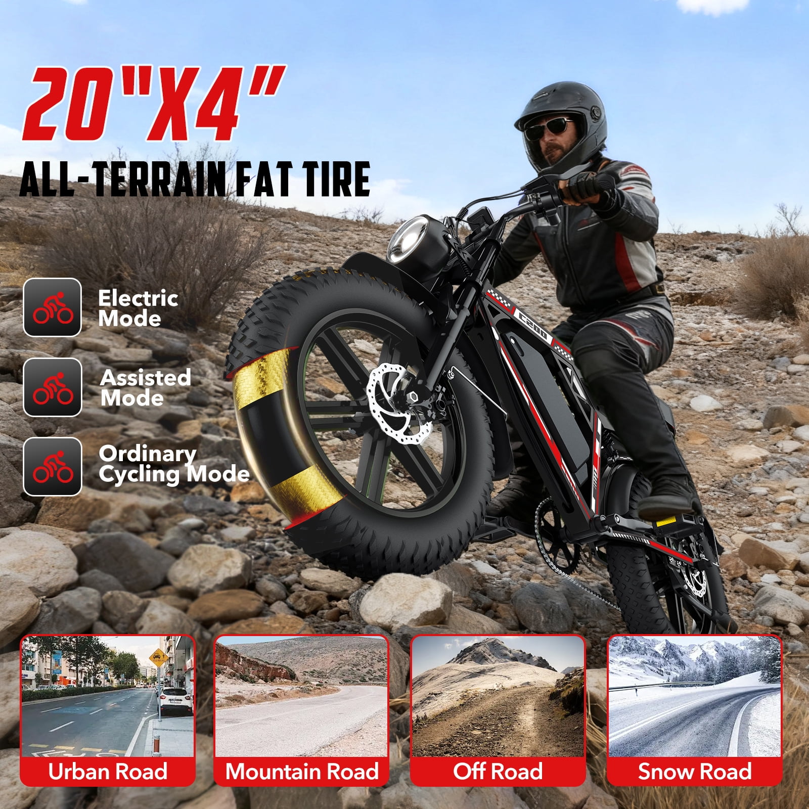 UL2849 Electric Bike for Adults, 1000W Motor, 20"x4" Fat Tire, 48V/17.5AH
