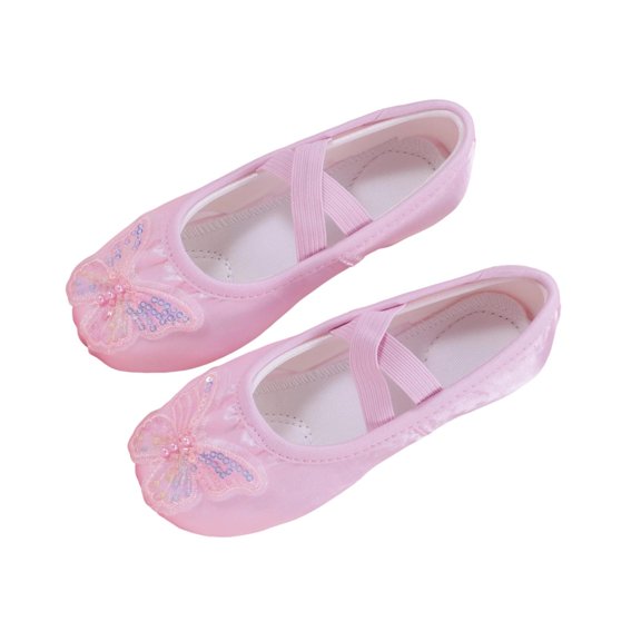TFEOQRY Girls Satin Ballet Shoes with Sequin Embroidery Butterfly Decoration Soft Split Sole Elastic Straps Stage Dance Flats