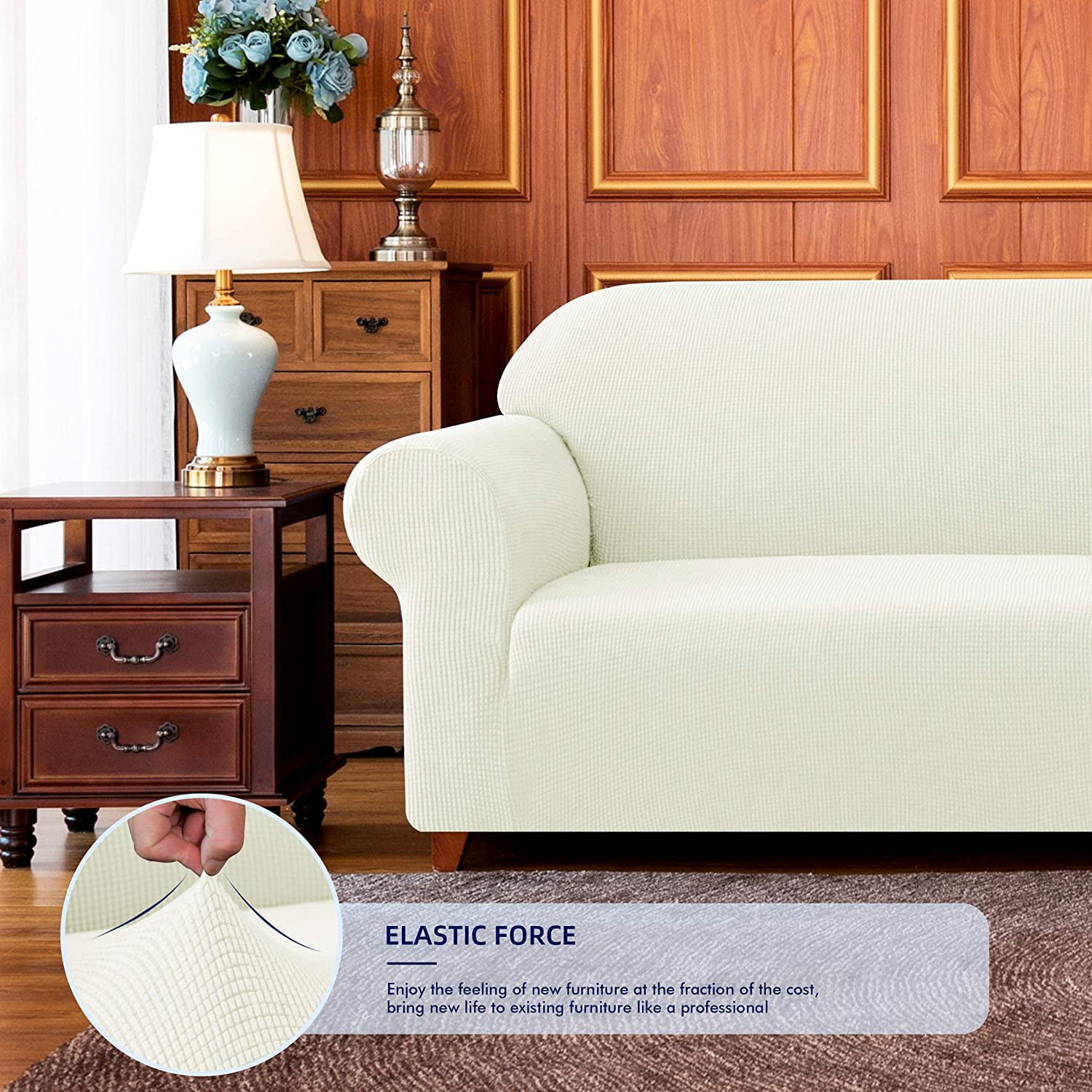 Wehilion One Piece High Stretch Couch Cover, Large Sofa Slipcover, fit seat, Machine Washable Spandex Jacquard Fabric, Non-Slip Furniture Protector