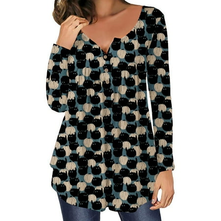 

Womens Halloween Shirts Hide Belly Tunic Cute Pumpkin Print Scoop Neck Long Sleeve Ruched Tops to Wear with Leggings