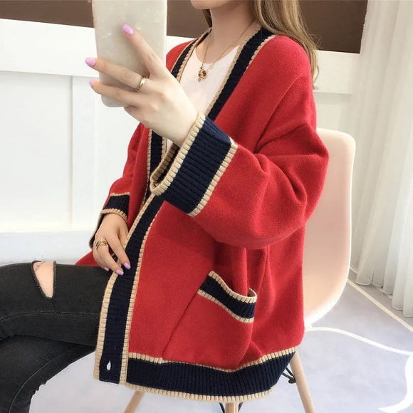 Cardigan Ample pour Femmes Mode Col en V Boutonné Veste Tricotée Manteau Chaud Décontracté Manches Longues Tricoté Extérieur - Rouge / Taille Unique