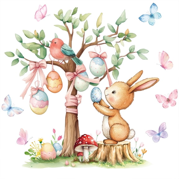 Cinvoph Easter Window Clings Stickers Cute Bunny Tree Eggs Decals Easter Decorations Indoor Holiday Cute Wall Decals for Party 24"x12"