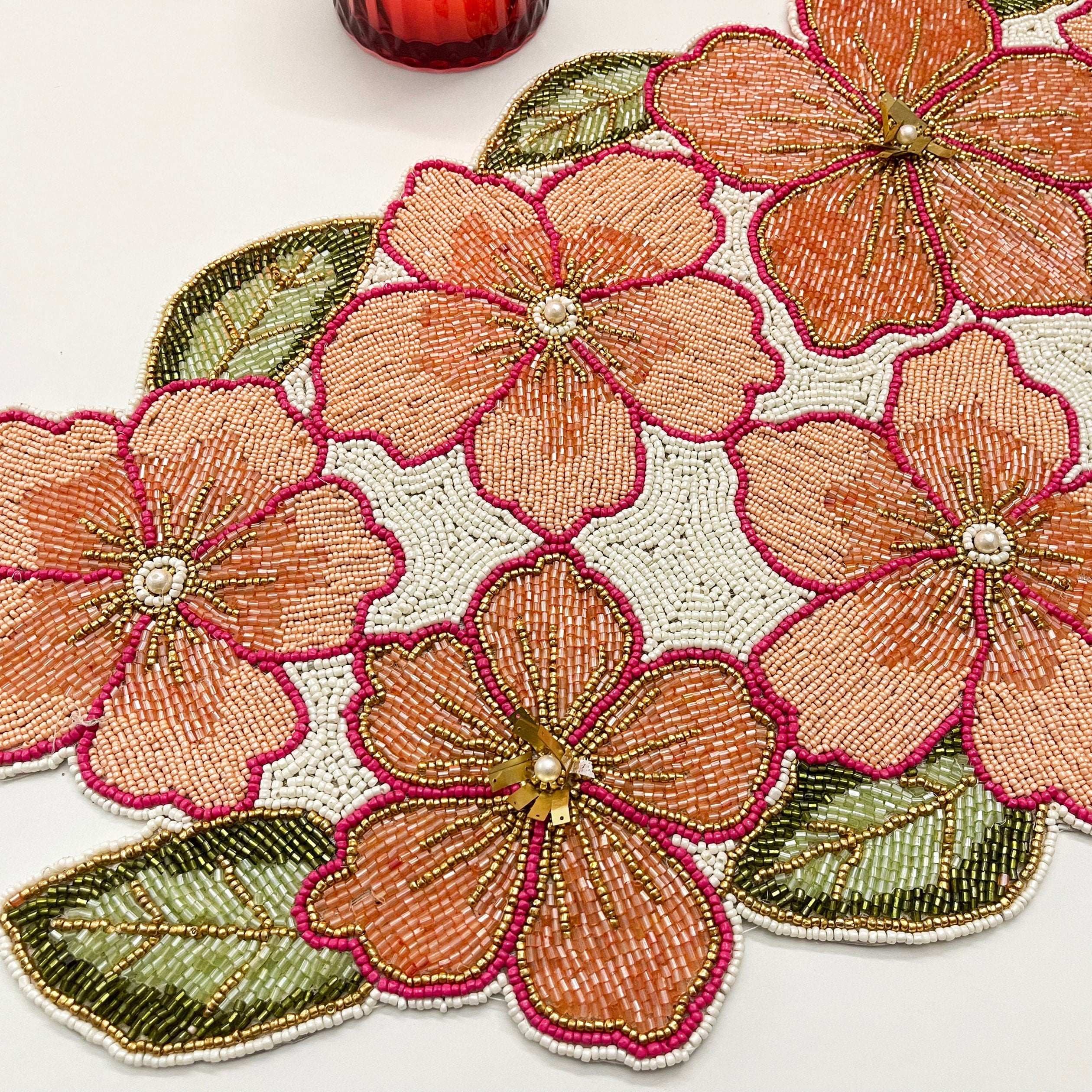 Handmade beaded spring table runner, floral, 13x36inch, multicolour