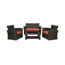 WestinTrends 4pc Outdoor Furniture Conversation Sofa Set with Loveseat, Cofee Table and Cushions, All Weather UV Resistant Rattan Wicker Patio Chairs, Chocolate/Orange