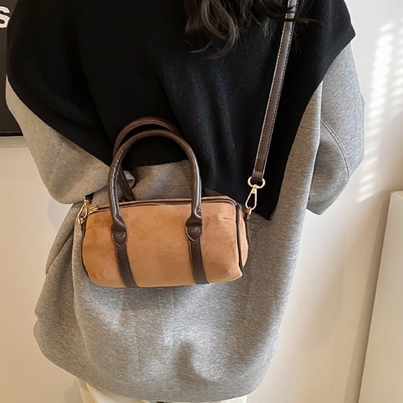 Eolstice Handle Bag Faux Suede Purse, Tote Bag Boston Barrel Bag for Women Ladies, Everyday Handbag, Work Commute, Shopping Trip, Casual Outing(Khaki)