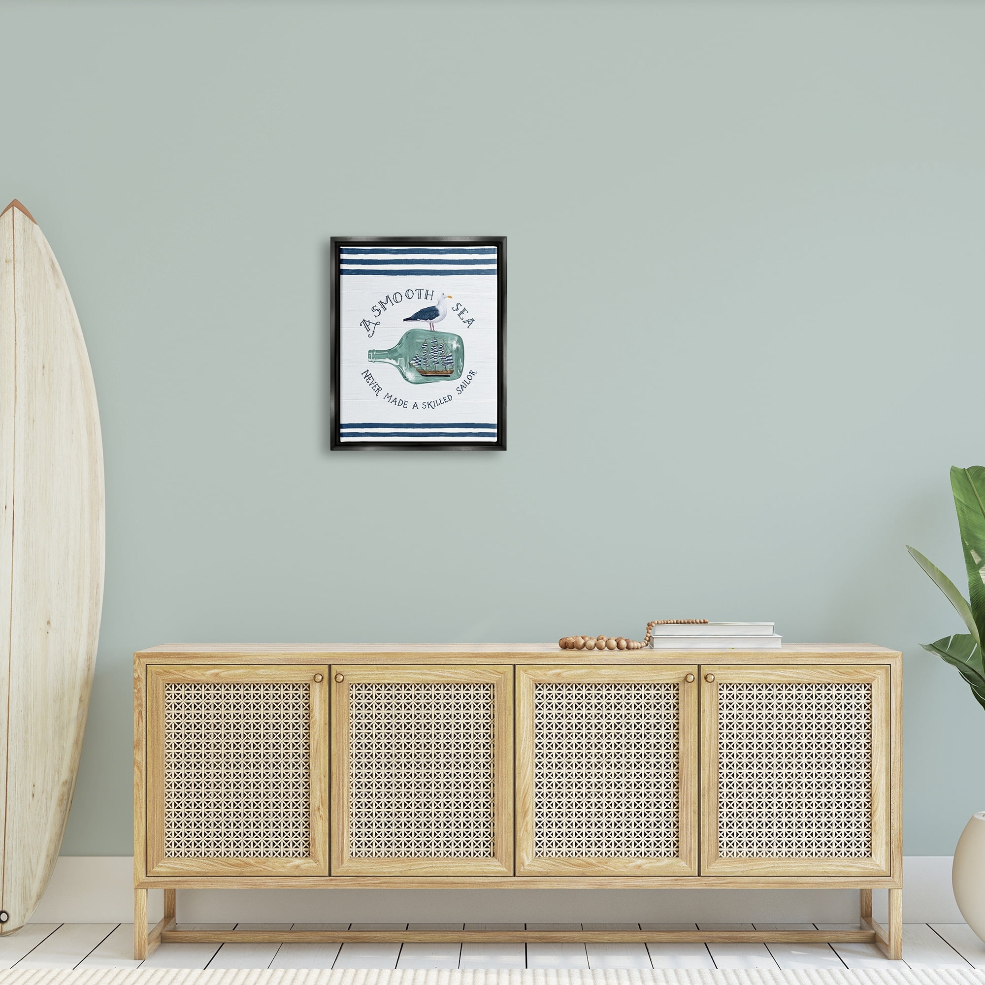 Stupell Industries Ship In Bottle Seagull Striped Nautical Phrase Graphic Art Jet Black Floating Framed Canvas Print Wall Art, Design by Raquel Maciel
