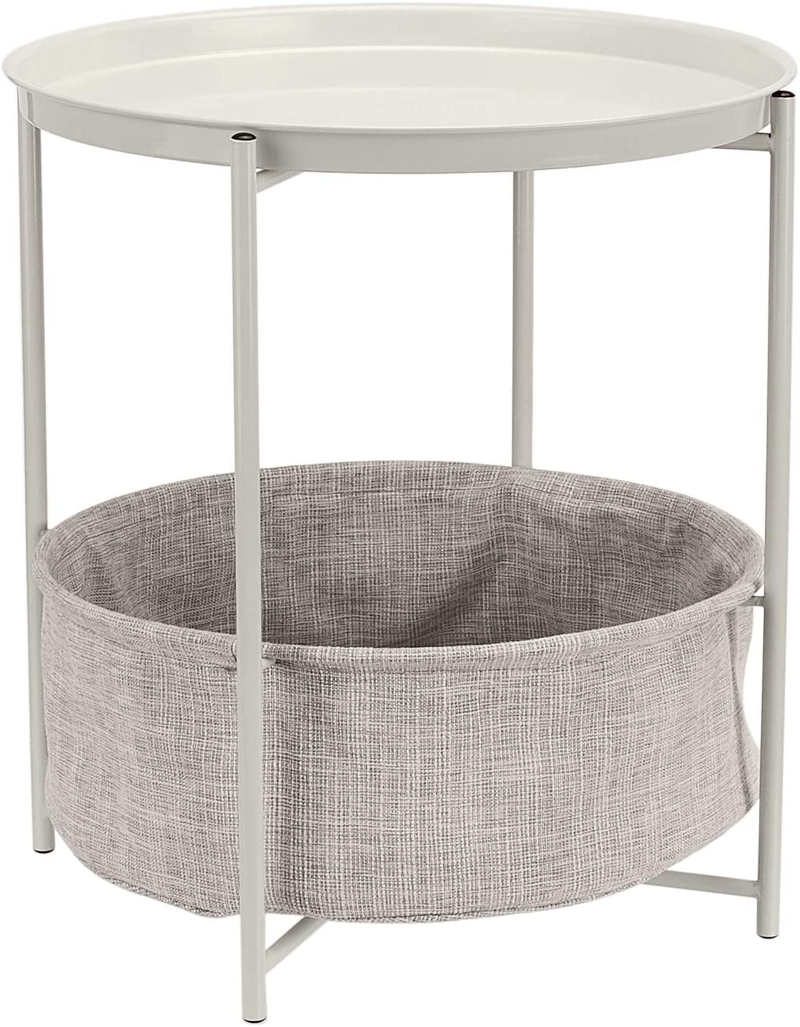 Round Storage End Table, Nightstand with Cloth Basket, Bedside Table, White/Heather Gray, 45.0 x 45.0 x 48.0 cm
