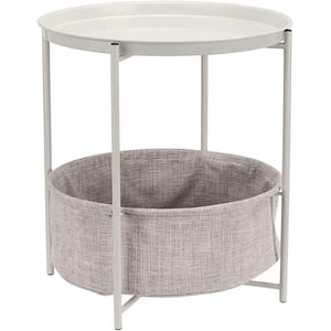 Table ronde de fin de rangement, Table de chevet avec panier de vêtements, Table du lit, Gris blanc/héâtre, 45.0 x 45.0 x 48.0 cm