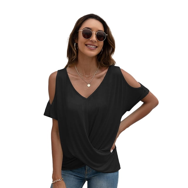 Dinheiro Camisetas básicas de manga larga con hombros descubiertos para mujer, camisetas con dobladillo de camiseta (negro), S,
